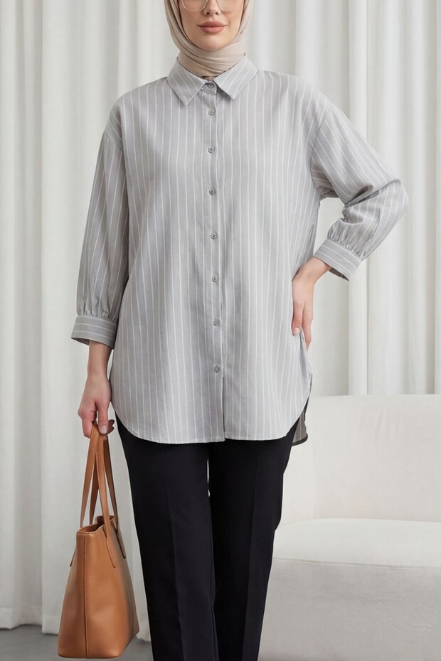 Striped slit loose linda shirt - light gray