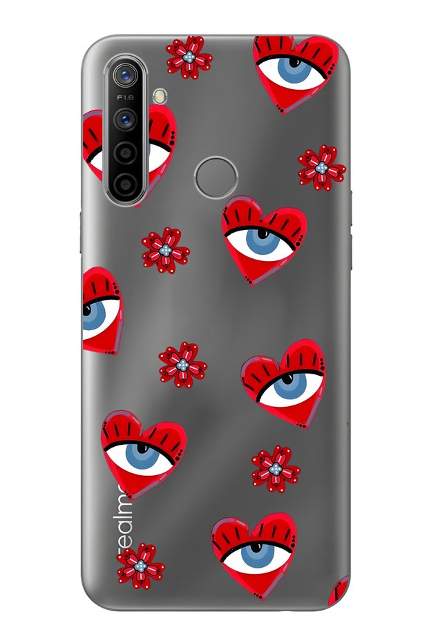 Realme 5I / 6I / C3 Compatible Transparent Phone Case with Heart and Evil Eye Pattern