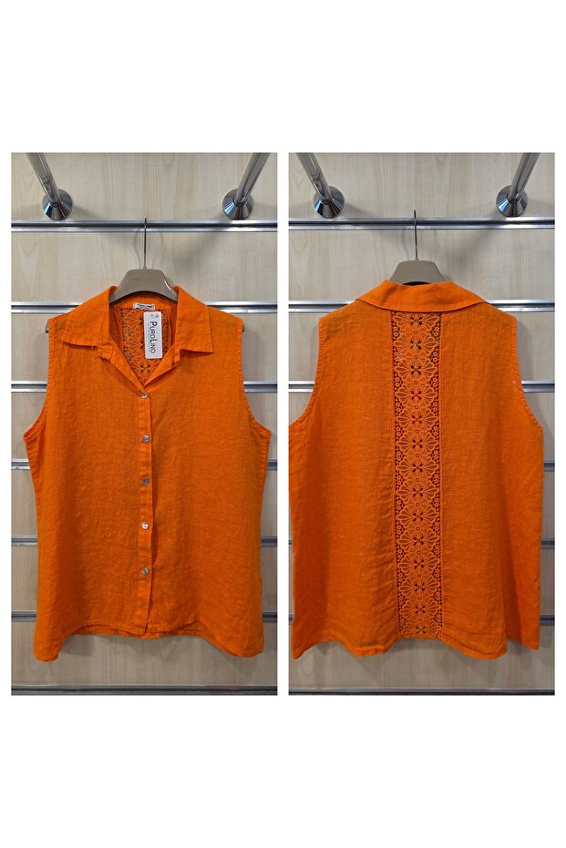 Italian Sleeveless Linen Shirt with Lace on the Back