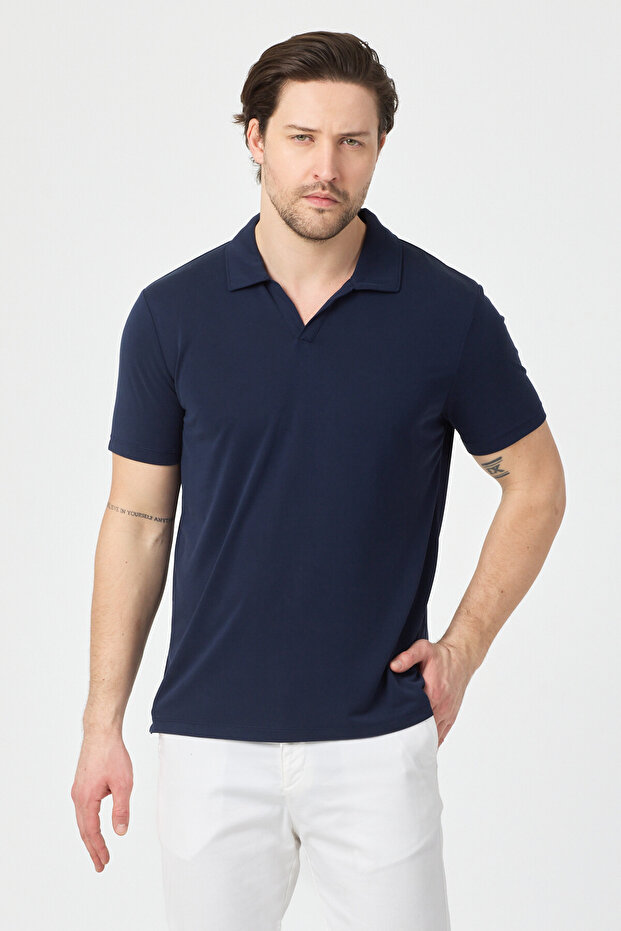 Vita Men's Navy Blue Modal Fabric Slim Fit Flexible Polo Collar T-Shirt