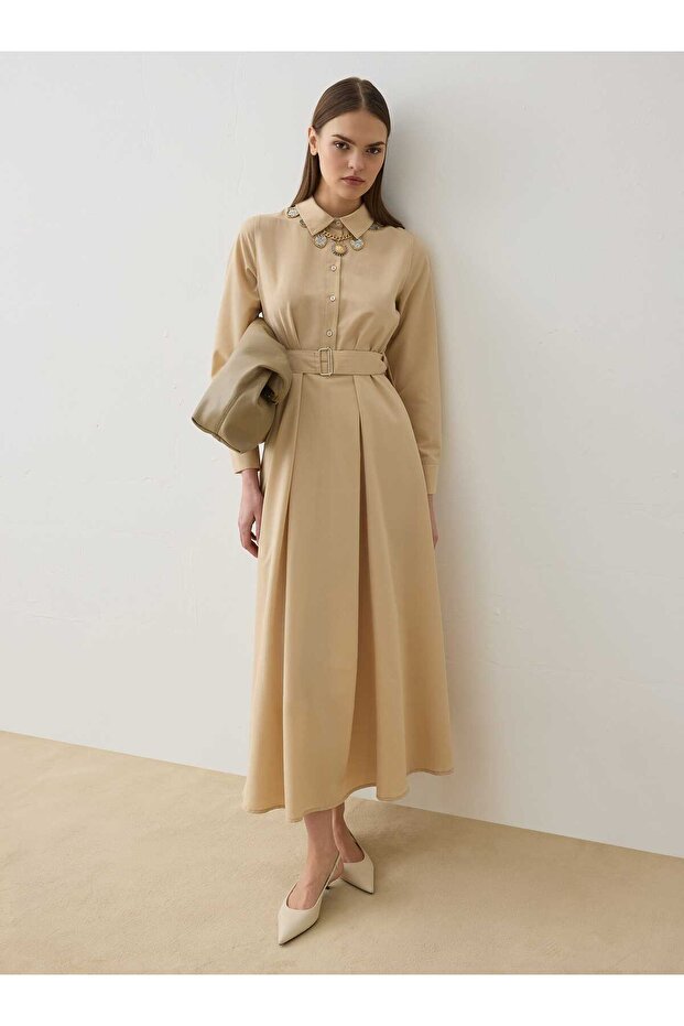 Belt Detailed Poplin Fabric Hijab Dress - Beige -