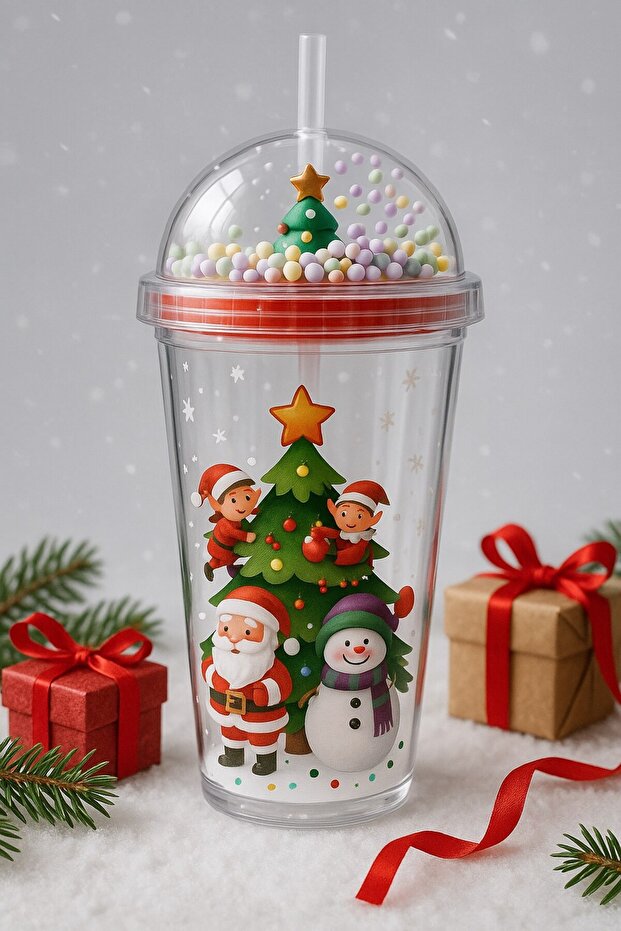 Santa Claus & New Year Themed Straw Water Bottle 450 ml Double Layer Mica Water Bottle 2768