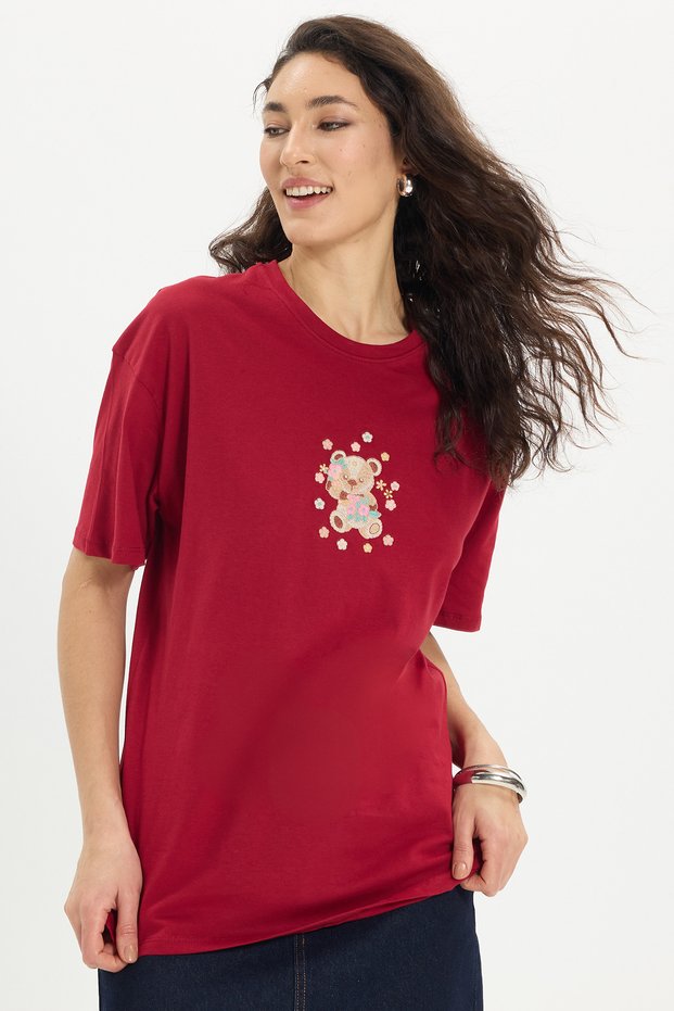 Women's Oversize Wide Cut 100% Cotton Crew Neck Short Sleeve Printed Claret Red T-Shirt Blouse