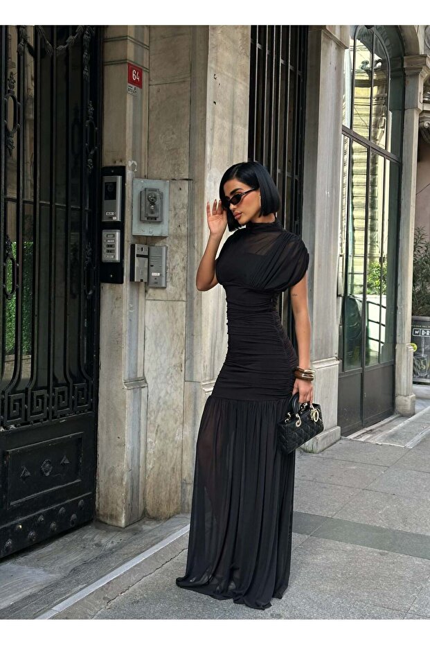 Black Draped Long Evening Dress