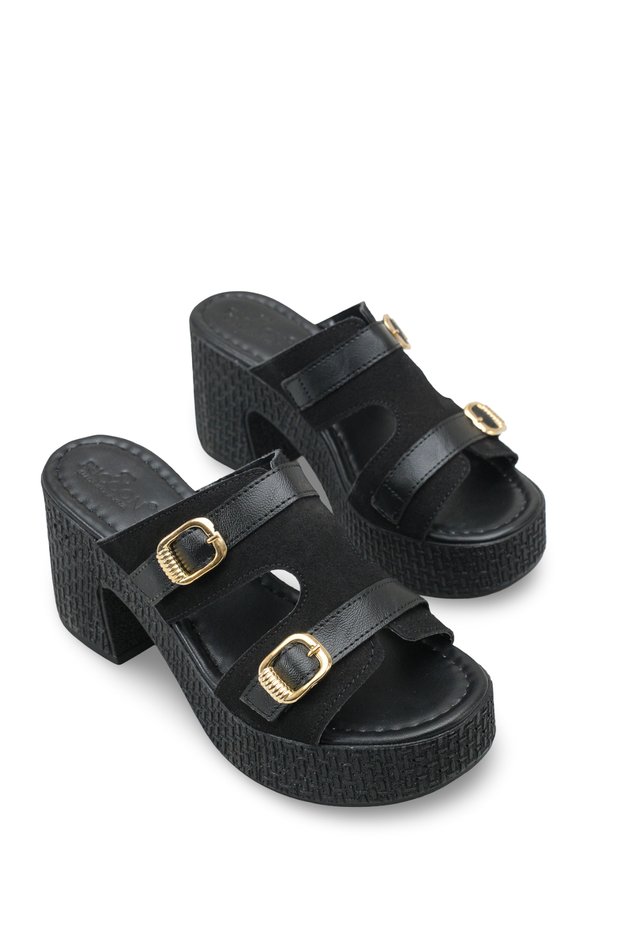 Siri Viven Women's Heeled Slippers 0012703 Black Leather Textured