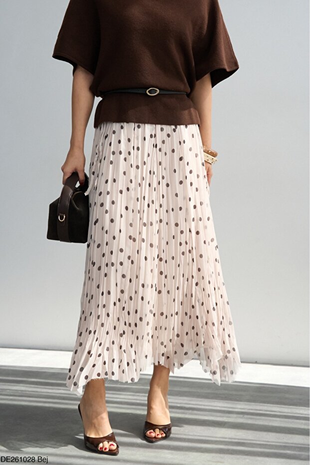 Women's Polka Dot Asymmetrical Cut Pleated Long Skirt