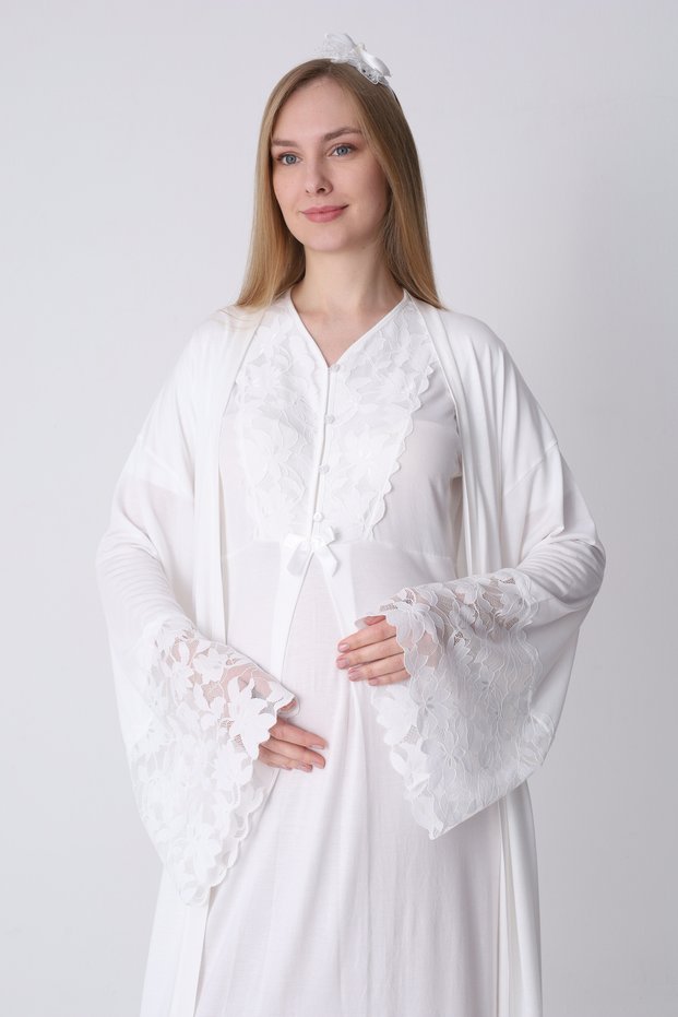 New Season Ecru Summer Premium Lace Detailed Full Length Short Sleeve Dressing Gown Maternity Dressing Gown Nightgown Set
