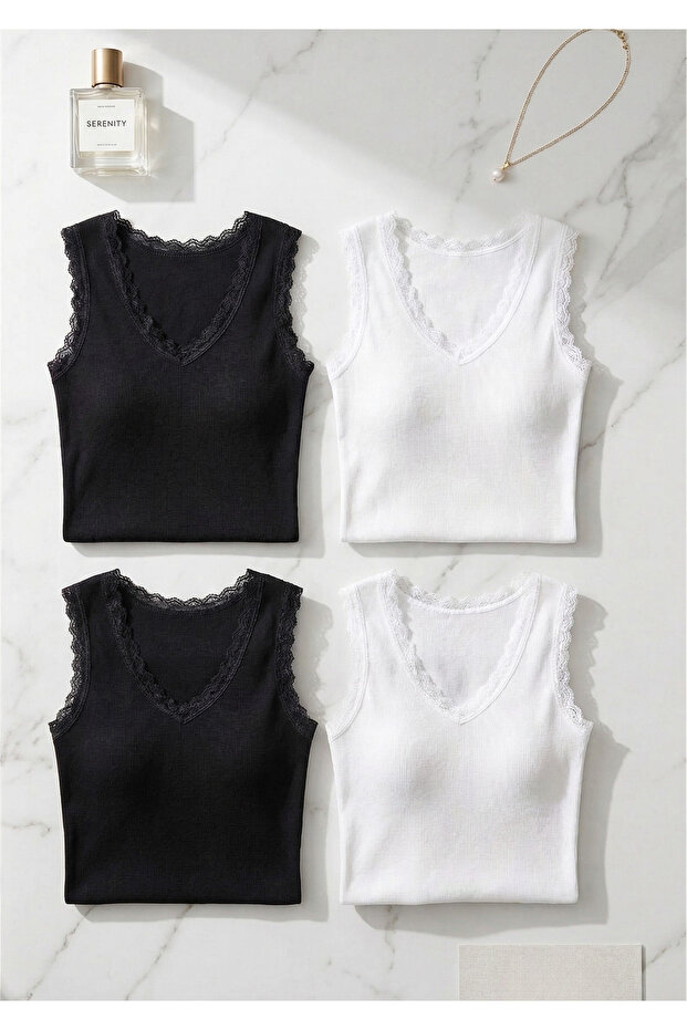 Women's 4-Piece Cotton Lace Detailed Daily Athlete Set - Soft & Breathable Texture