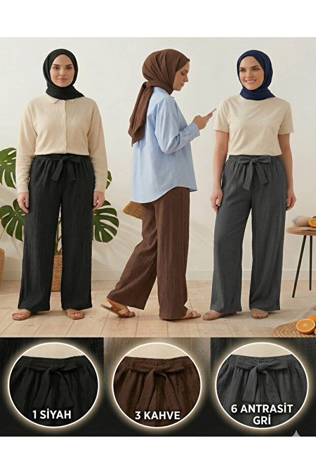 Women's Black Brown Anthracite Gray 3-Piece Pack Seersucker Elastic Casual Wide Leg Pants Set