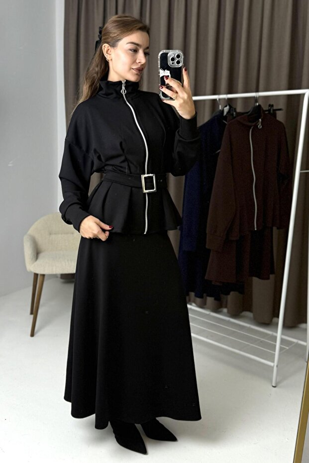 Loyşa Waist Pencil Belted Double Suit Black