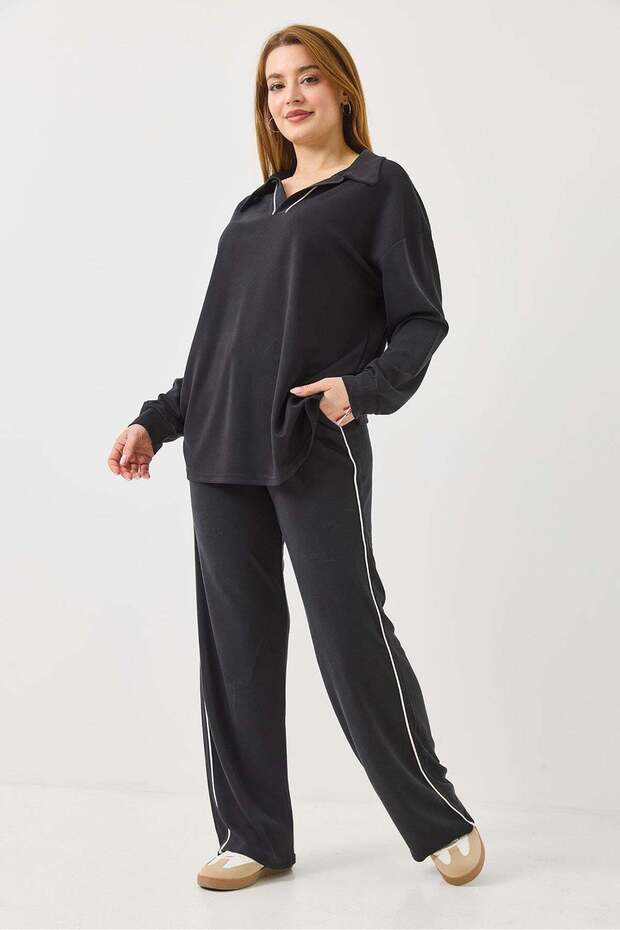 Women's Brown Polo Collar Piping Detailed Modal Fabric Top and Bottom Set Black