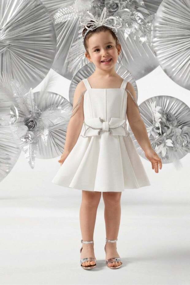Mojo Girl's 5-10 Years Old Bow Stone Detailed Short Evening Dress Ecru