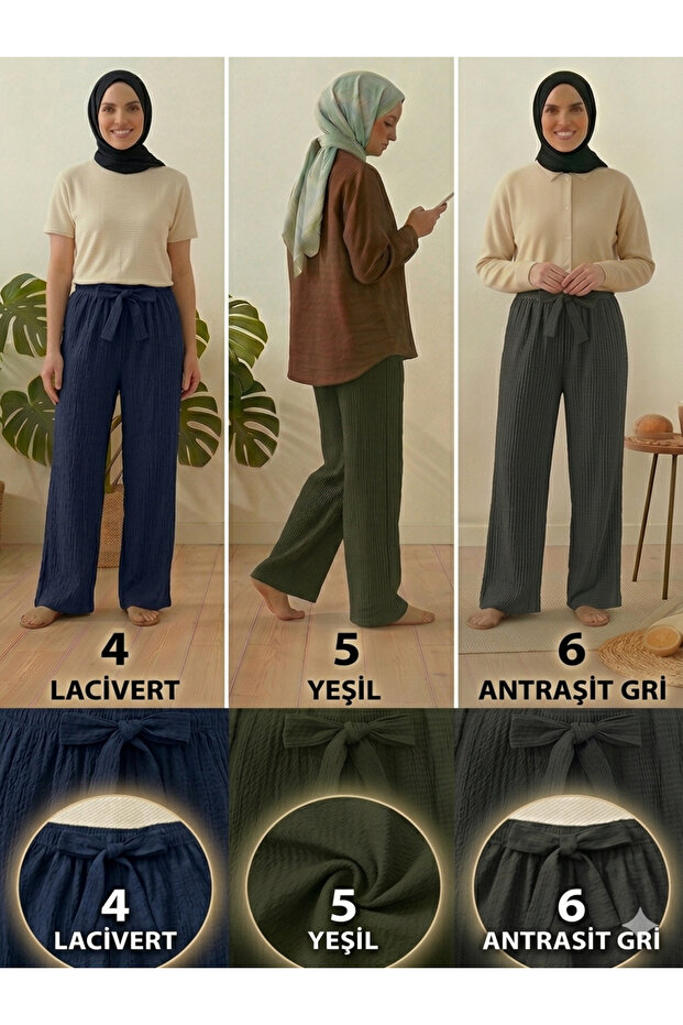 Women's Navy Blue Green Anthracite Gray 3-Piece Pack Seersucker Elastic Casual Wide Leg Pants Set