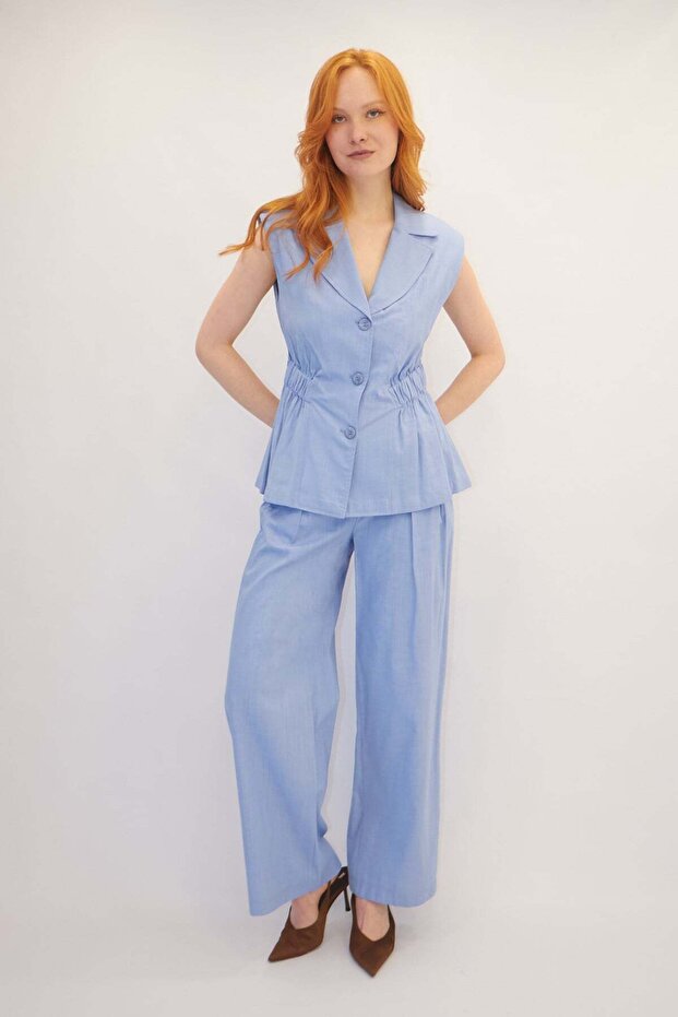 Elastic Waist Vest Suit Blue