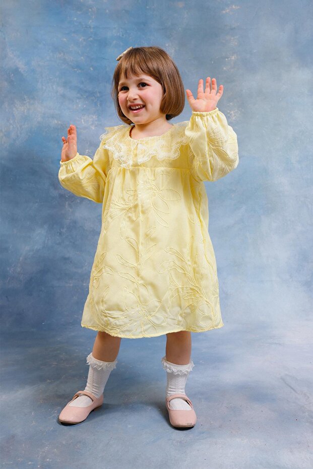 Girl's Baby Collar Floral Embroidered Brode Dress – Combed Cotton Lined