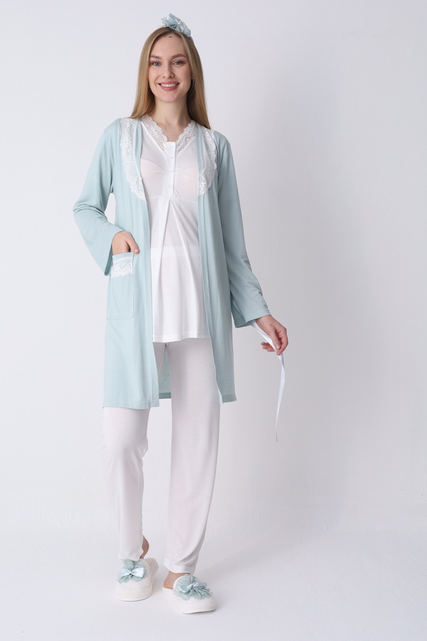 Maternity Lace Detailed Pajama Set (Adjustable Waist with Breastfeeding Buttons)
