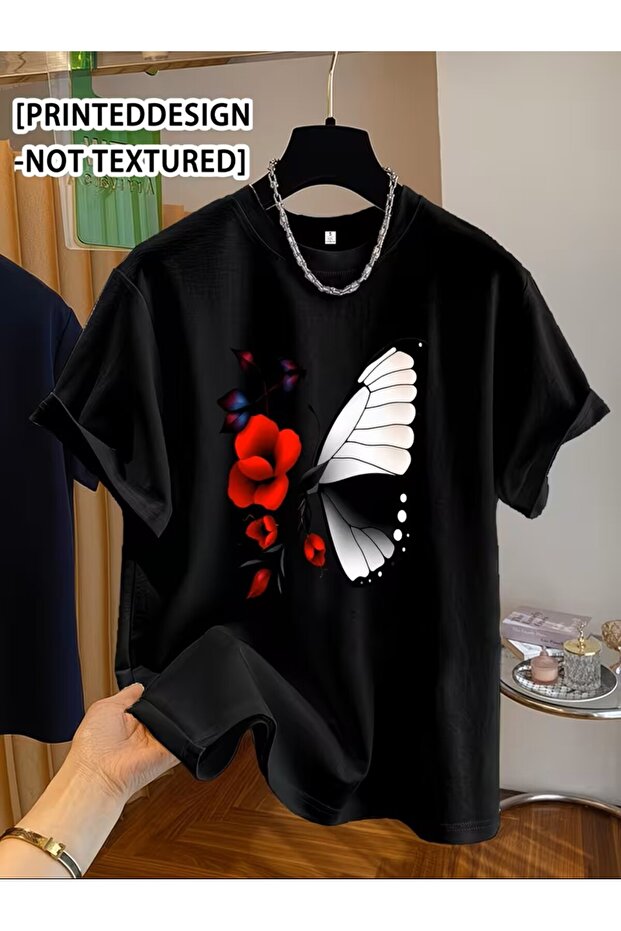 Fashionable Printed Short Sleeve T-Shirt for Women, Featuring Butterfly and Red Flower Print