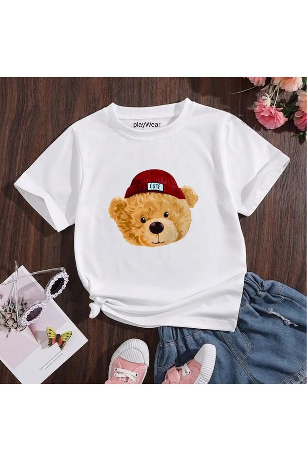 Bere Cute Bear Printed 100% Cotton Crew Neck Kids Unisex T-Shirt 5 6 -7 8-9 10 -11 12 Years Old