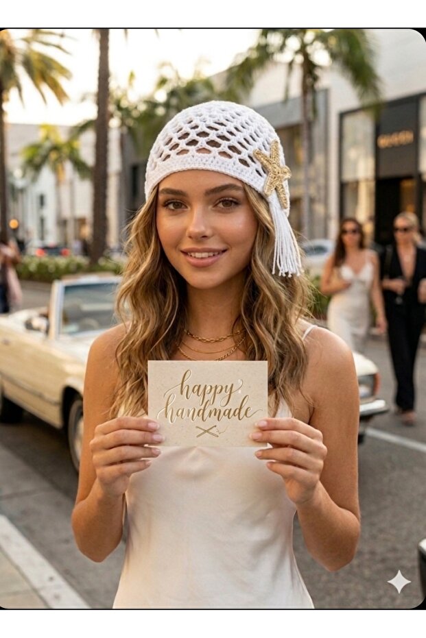 Macrame Crochet Hat/Gold Starfish Detailed Evening Dress Beanie/With Tassels/Gift