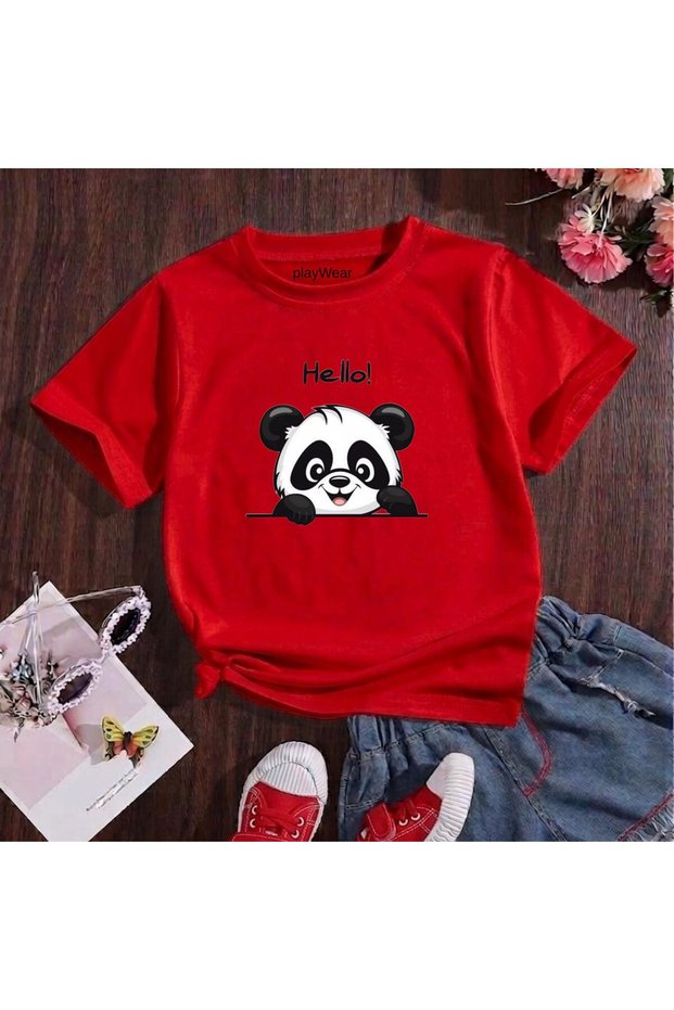 Hello Panda Printed 100% Cotton Crew Neck Kids Unisex T-Shirt 5 6 -7 8-9 10 -11 12 Years Old