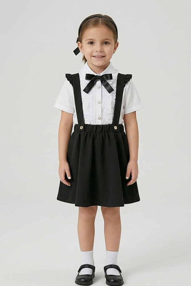 Girl's Bowknot Strap Salopet Skirt and Shirt Set - Black (Ages 5-14)