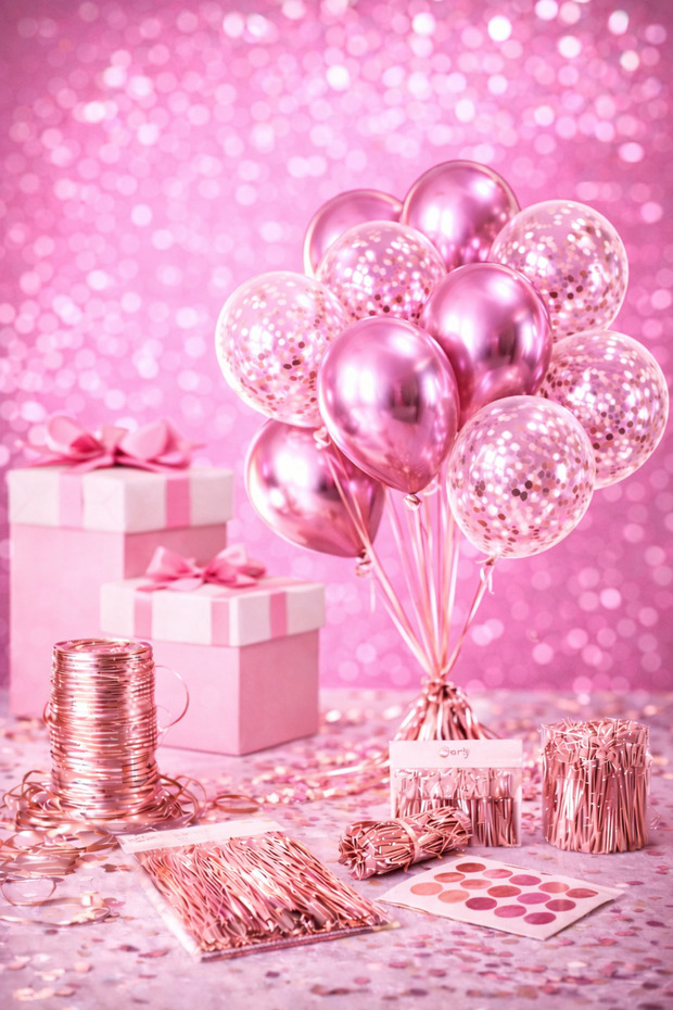 Premium Pink Party Set (5 Metallic Pink + 5 Transparent Balloons + Sequins + Raffia)