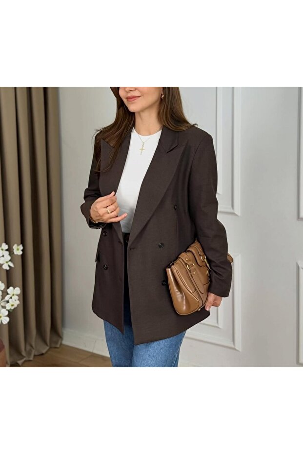 Double-Breasted Collar Plaid Patterned Lined Jacket - 1