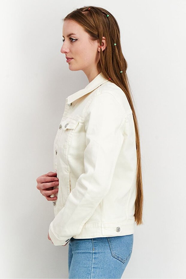 Women Solid Denim Jacket, Off White - 3