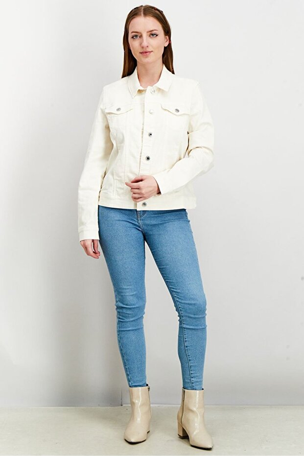 Women Solid Denim Jacket, Off White - 4