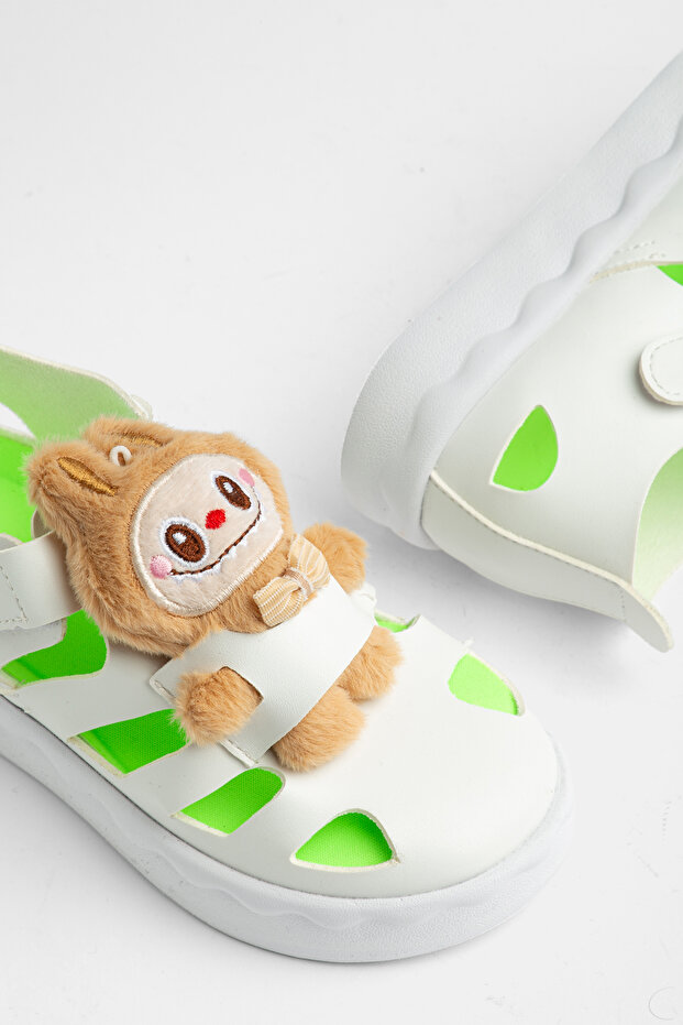 Children's Unisex White Light Sole Teddy Bear Detailed Velcro Sandals