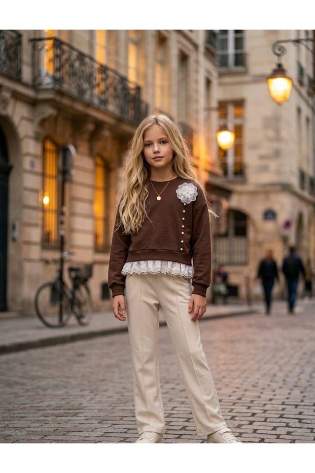 Flower and Bead Embroidered Lace Oversize Pants 2-Thread Seasonal Bottom and Top Girls' Set