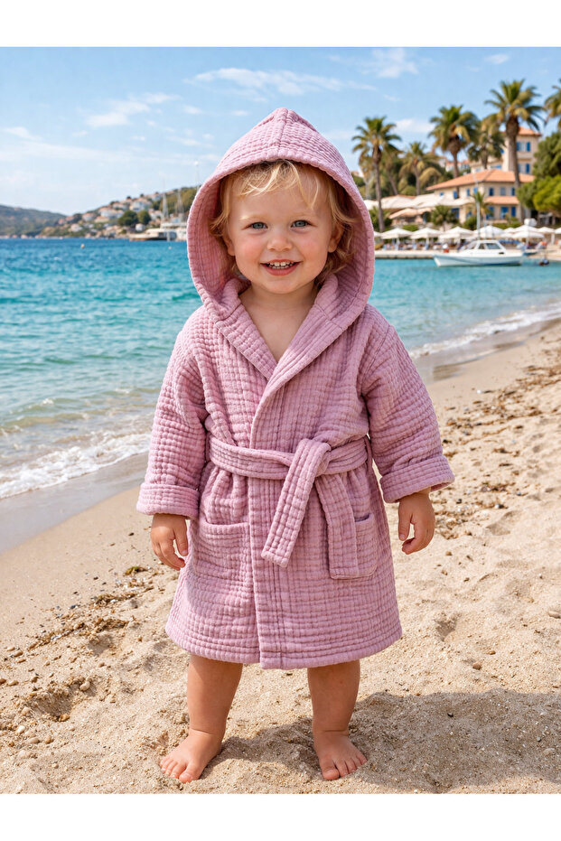 100% Cotton 4 Layer Muslin Baby Bathrobe with Hood