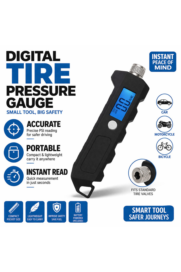Portable Digital Tire Pressure Gauge Compact Accurate PSI Tester for Car & Bike