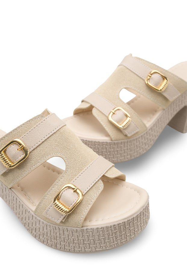 Siri Viven Women's Heeled Slippers 0012703 Beige Leather Textured
