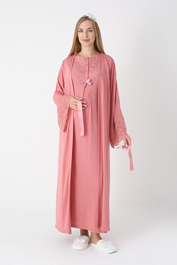 Maternity Nightgown Set - Maternity Nightgown with Guipure Lace Detail on the Sleeves, 2-Piece Set