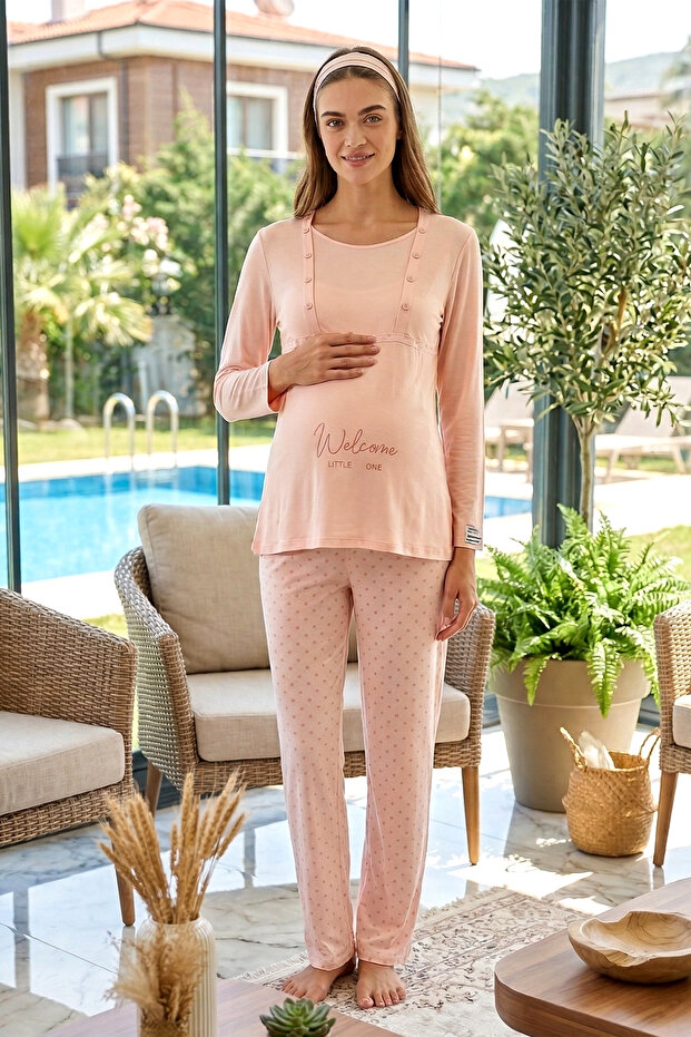 Pregnant Women's Modal Fabric Long Sleeve Maternity Pajama Set 3322 Powder
