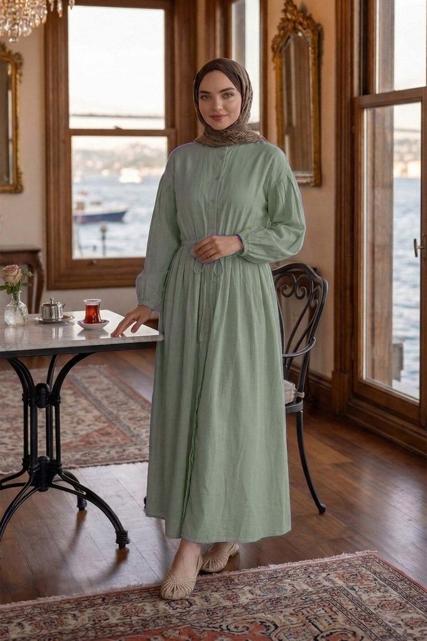 Waist Pleated Lace-Up Button Detailed Dress Green Hnt0310