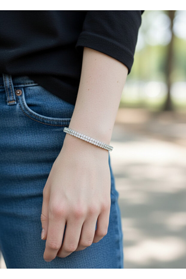 Vip Silver Double Row Baguette Stone Thin Waterway Bracelet - 26Slbv02