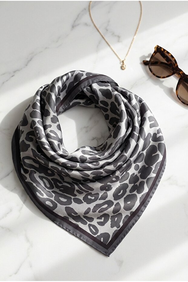 Twill Scarf Leopard Patterned Gray 50X50 cm Women's Scarf