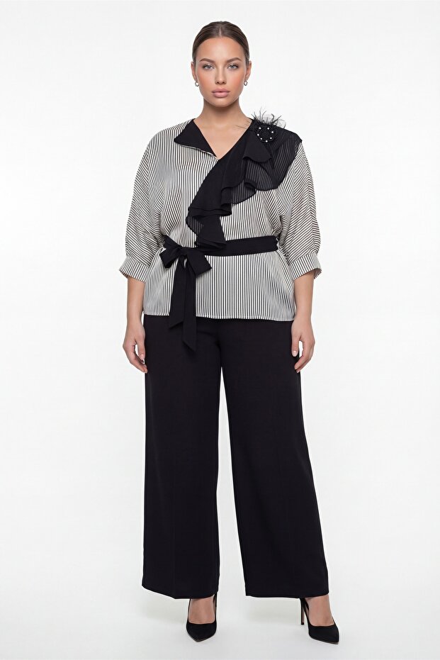 Women's Black Summer Flounce Collar Set with Accessories and Striped Top and Bottom