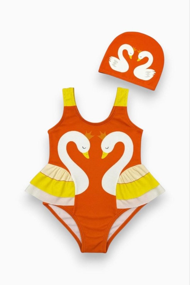 Girl's Swan Detailed Boned Three-Layer Ruffle Detailed Full Figure Swimsuit