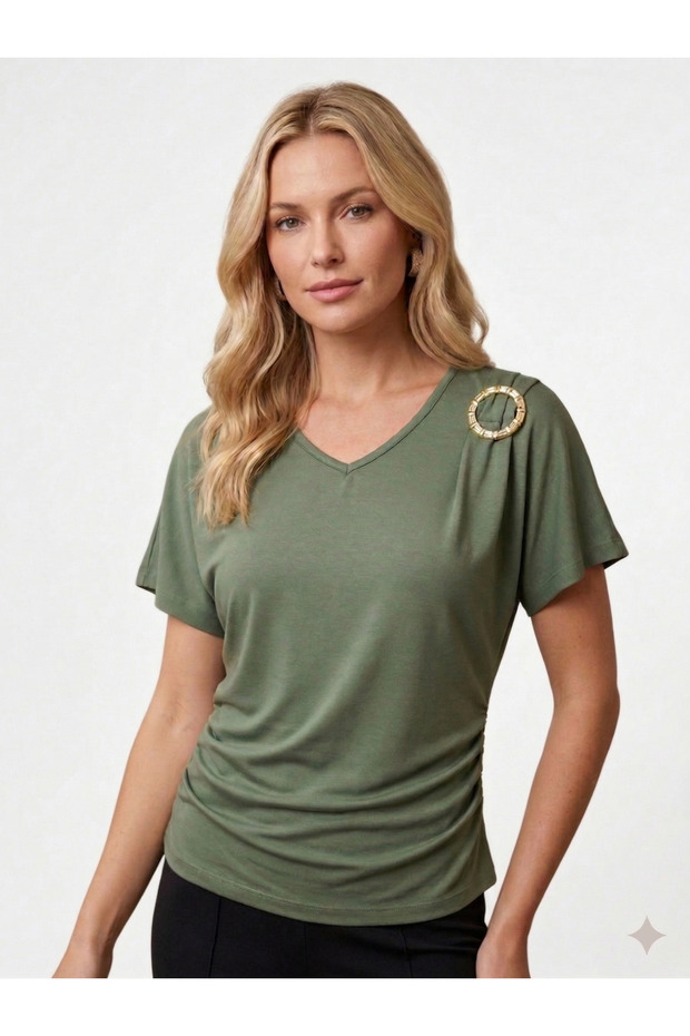 Women's V-Neck Buckle Detailed Short Sleeve Modal Fabric Blouse