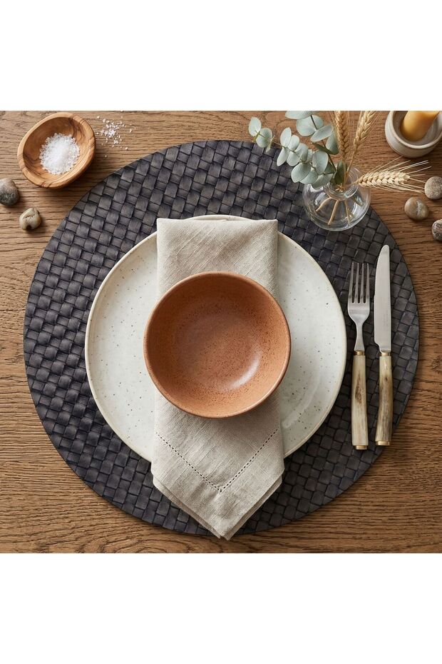 2 Pieces Leather American Service Mat - Knitted Patterned Black Round American Service Mat