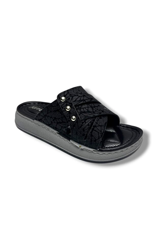 7005-1-26 Glittery Print Leather Cross Band Anatomical Women's Slippers