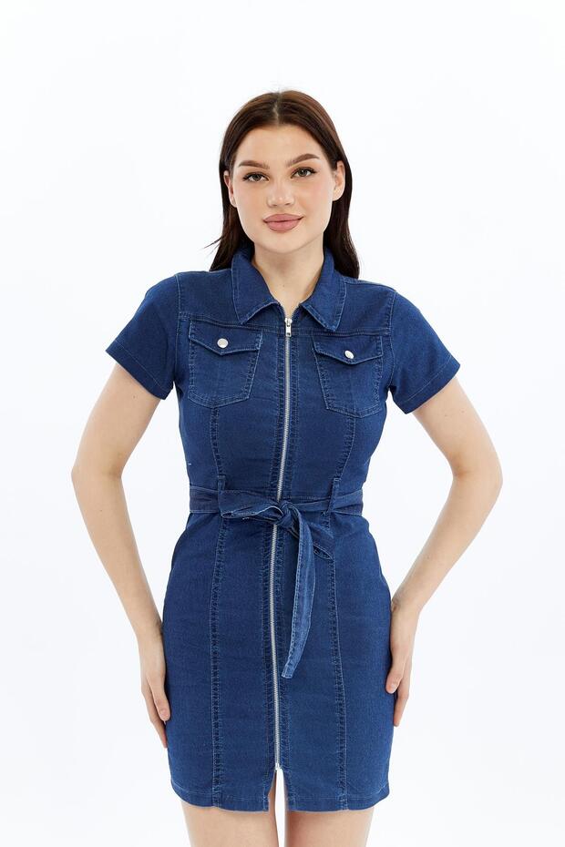 Women's Denim Mini Dress with Zipper Front and Belt Detail