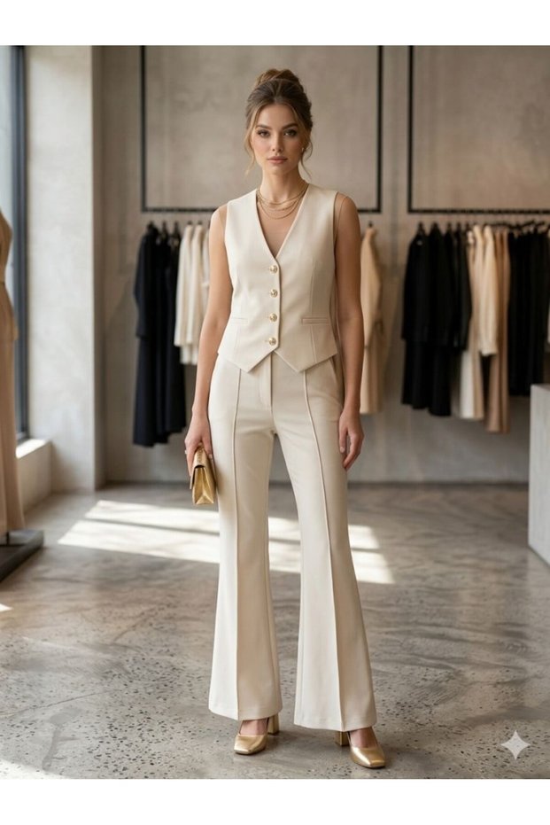 Women's Vest and Wide-Leg Pants Set Crepe Set with Wide-Leg Pants and Striped Front Vest