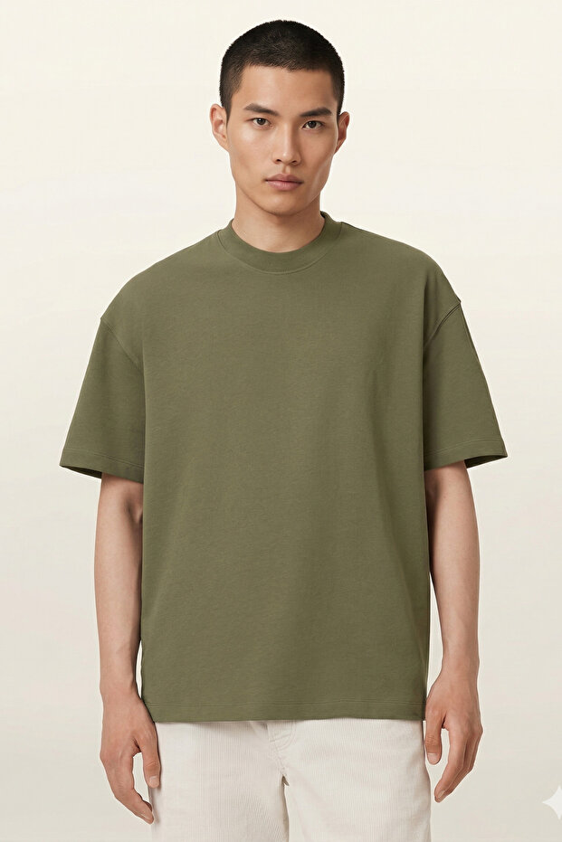 Men's Oversize Basic 100% Cotton Crew Neck Khaki T-Shirt
