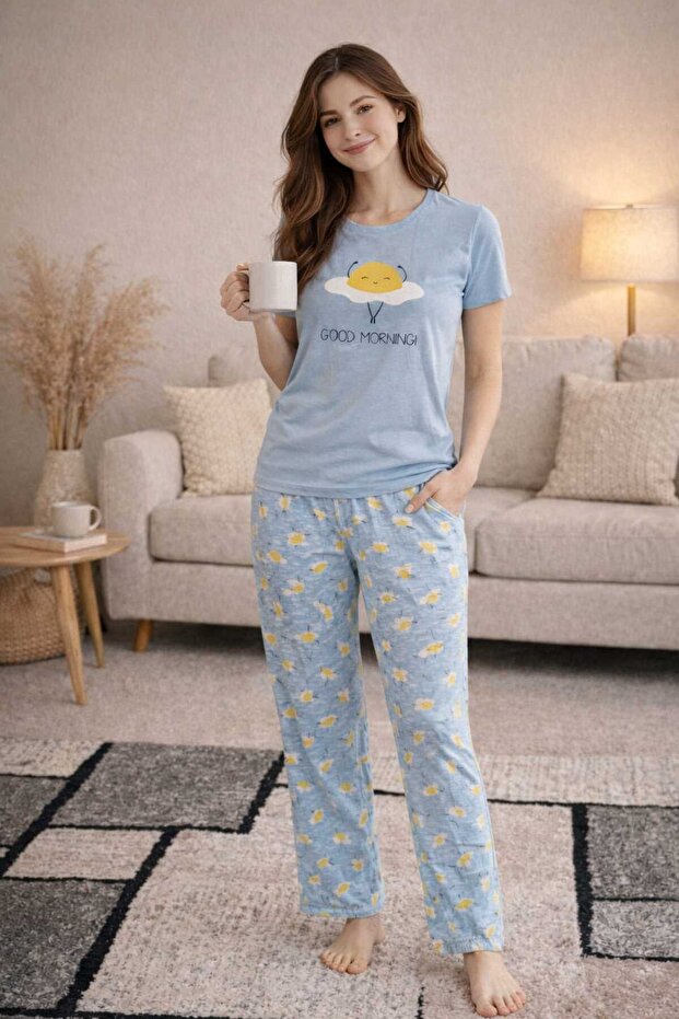 Women's Pajama Set Blue Good Morning Lettering Women's Pajama Set - Flexible Textured