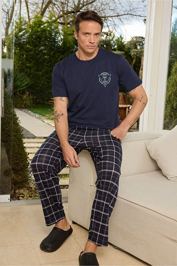 Premium Men's %100 Natural Cotton Plaid High Quality Short Sleeve Pocketed Pajama Set