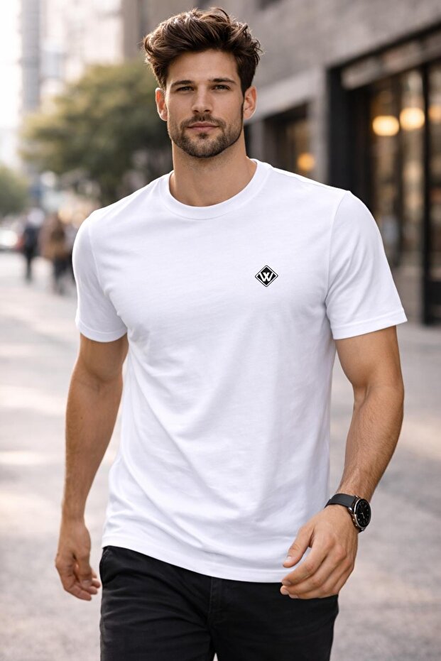 Men's White Regular Stretch Fabric Single Jersey Fabric Crew Neck Short Sleeve T-Shirt